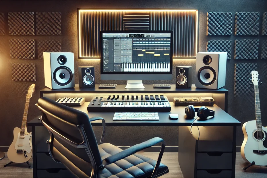 DALL·E 2025 01 17 16.01.14 A sleek and modern home music production studio setup. The scene includes a large computer monitor displaying a digital audio workstation DAW studi